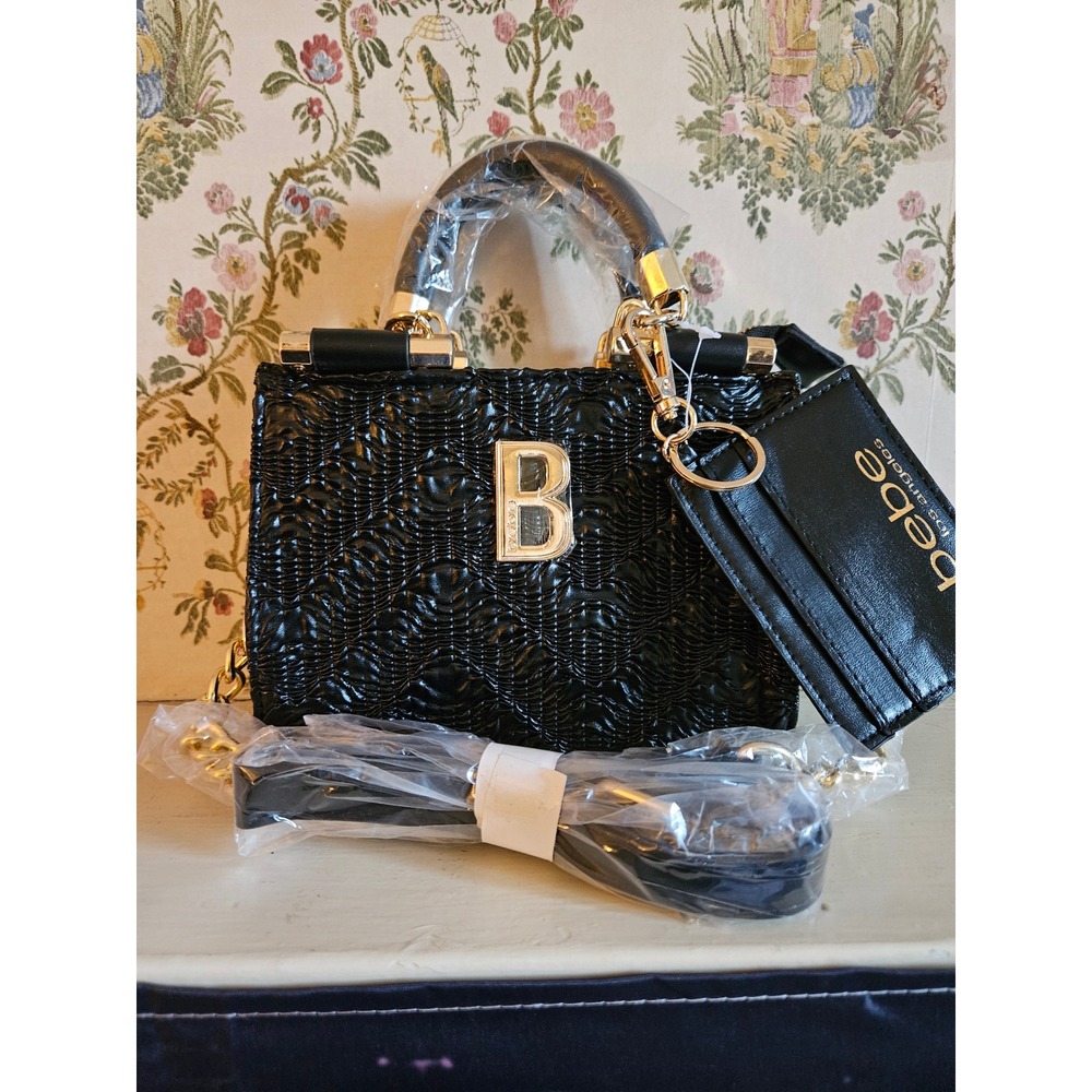 Bebe Black Textured Mini Satchel Handbag‎ Crossbody Bag with Card Holder New